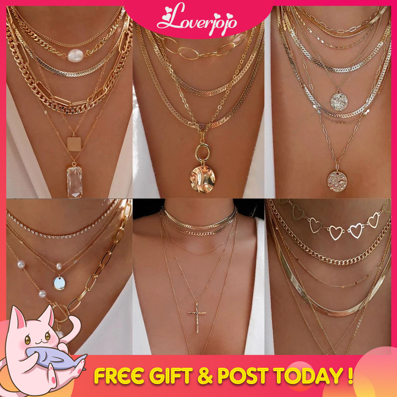 Loverjojo Bls-Miracle โบฮีเมียสีทองหลายสไตล์สร้อยคอผู้หญิงอินเทรนด์หลายชั้นคริสตัลจี้สร้อยคอชุดเครื่