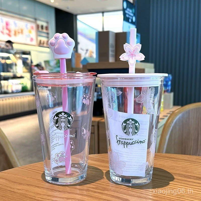 2025 Starbucks Pink Cherry Blossom Enjoy Glass Cat Claw Double Drinking Straw Cup Pink Shake Coffee 