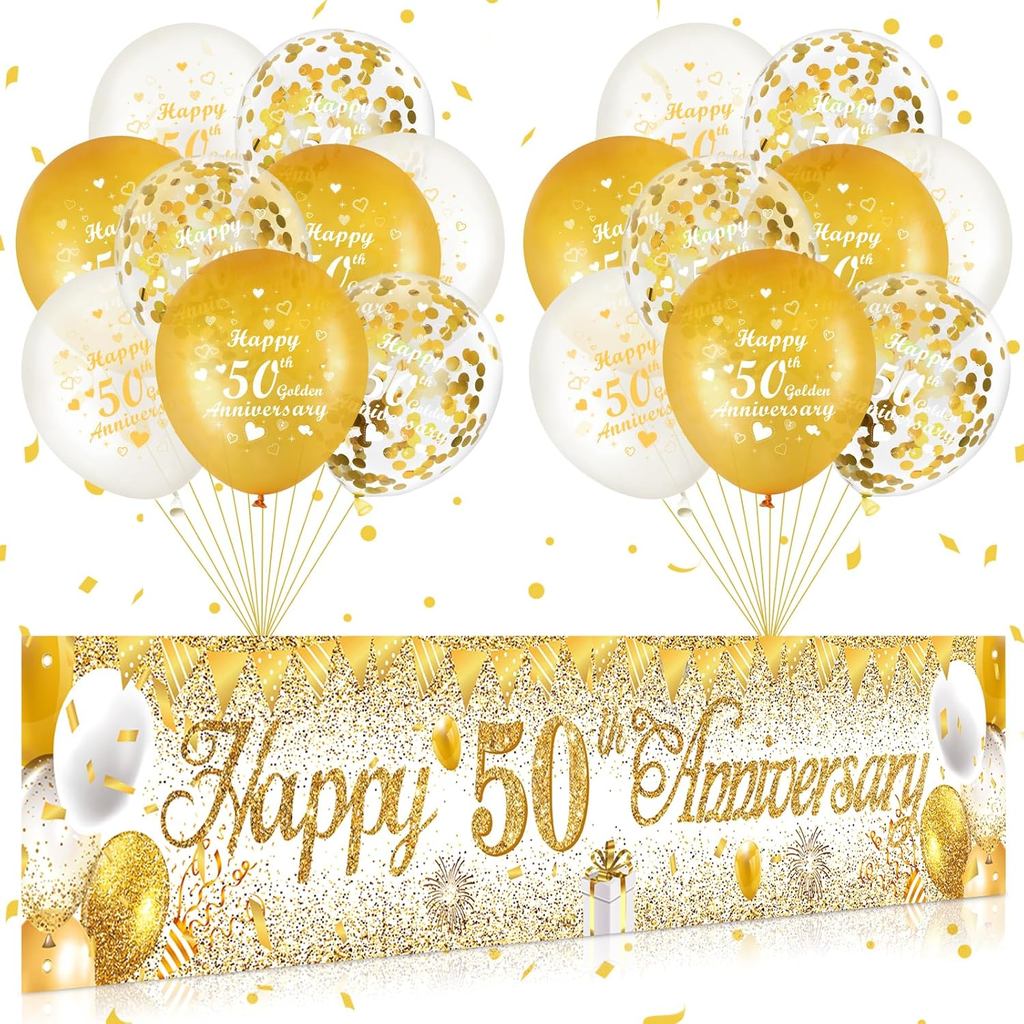 50th ครบรอบตกแต่งสีขาวทอง Happy 50th Anniversary Yard แบนเนอร์และ 18 ชิ้น 50th Golden Anniversary บอ