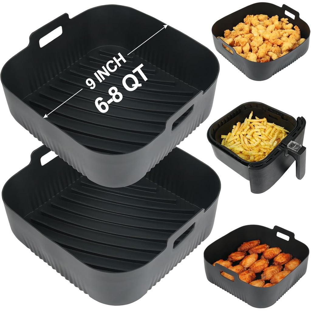 BYKITCHEN 9 นิ้วซิลิโคน Air Fryer Liners สําหรับ 6 ถึง 8QT, ชุด 2, ซิลิโคน Airfryer ถาดใส่, Air Frye