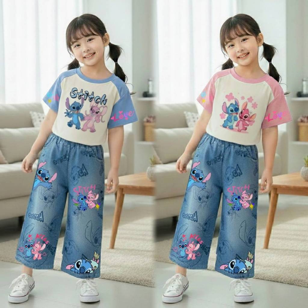 ชุดเซ็ทเด็ก2ชิ้น ลายน่ารัก เสื้อแขนสั้น*กางเกงยีนส์เทียม(ผ้าฝ้ายโพลี)6076