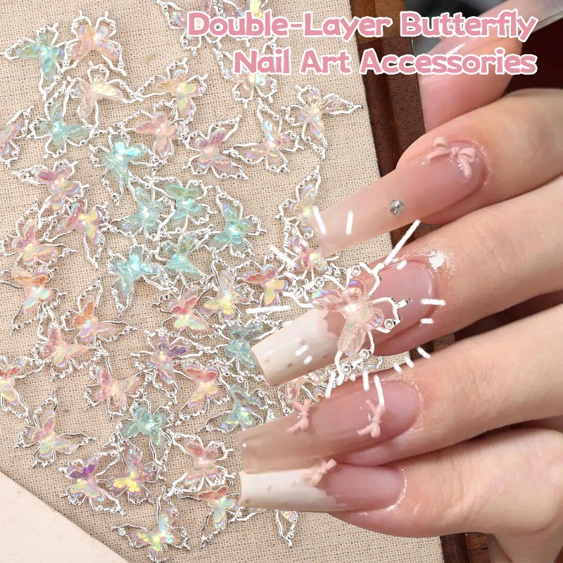Double Layer ผีเสื้อเล็บ Charms โลหะผสม 3D เล็บอุปกรณ์เสริม Iridescent ปีกสําหรับ DIY/Salon, 10/30/5