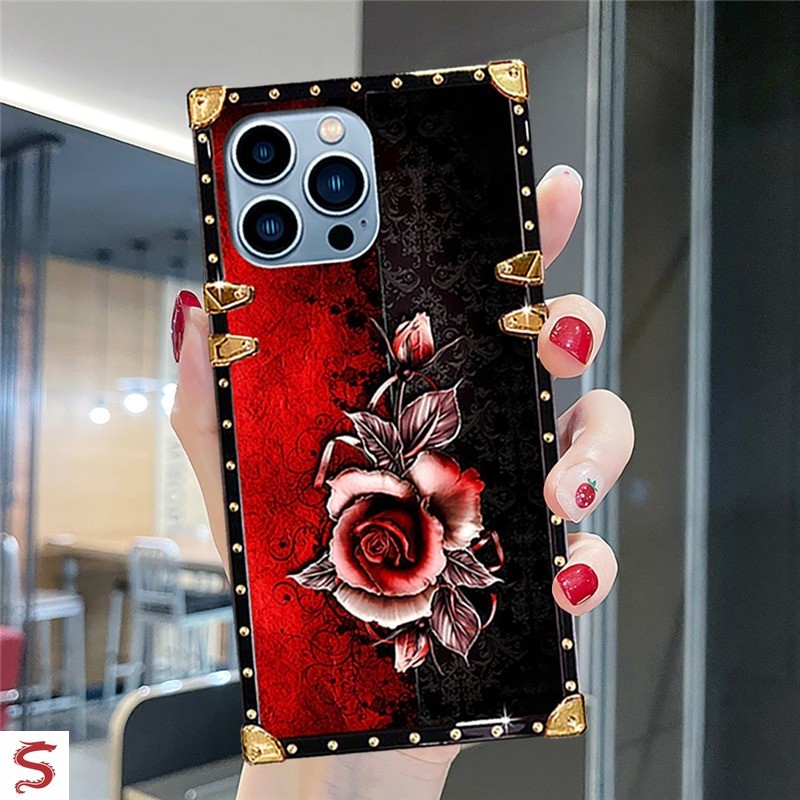 ปลอกRealme C75 C67 C63 C61 C55 C53 C51 C35 C33 C21 C20 C11 แฟชั่นสีแดงRose Vintageรูปแบบสแควร์เคสโทร