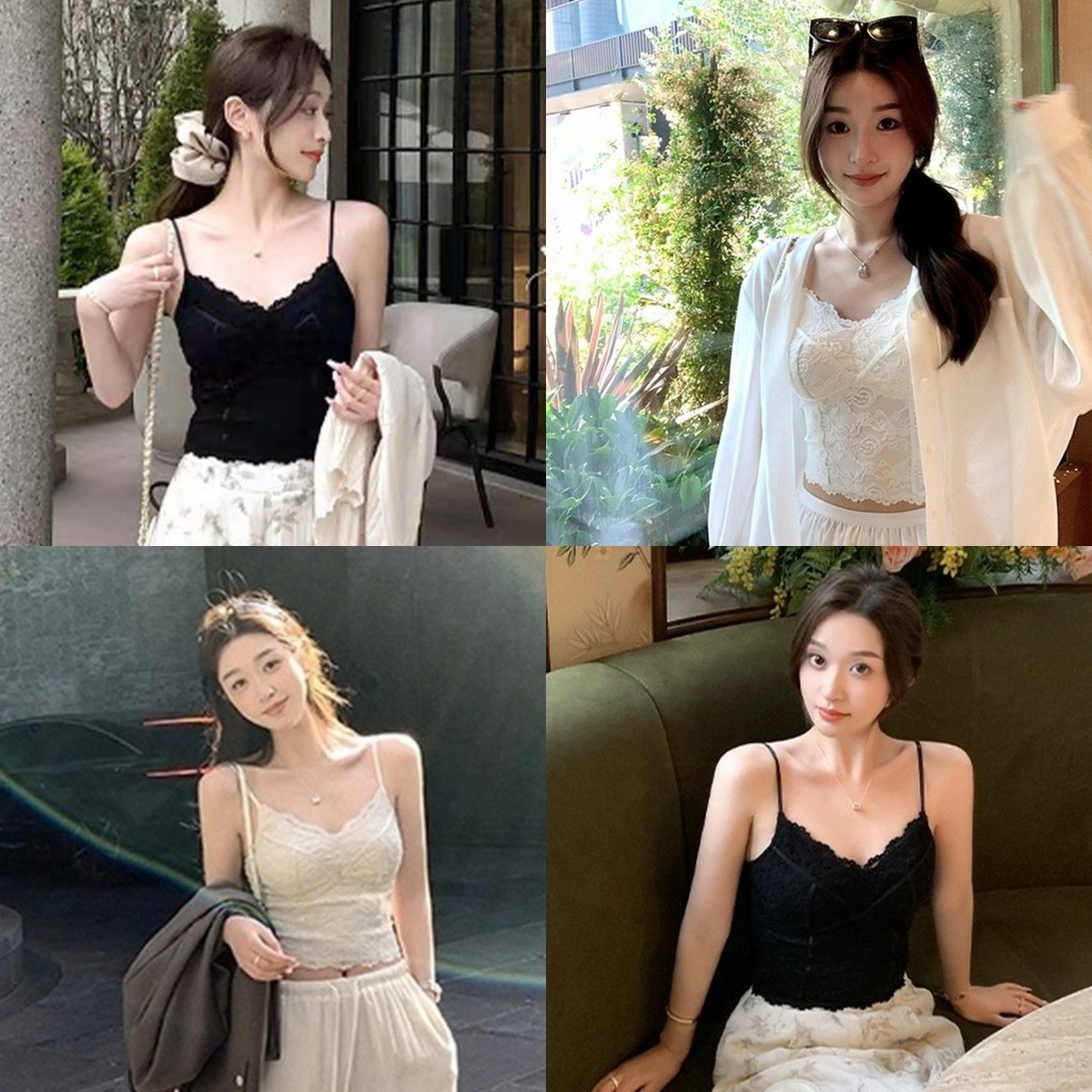 🥭Evelyn🥭เสื้อกล้าม แขนกุด ดีเทบแต่งลายลูกไม้ เสริมฟองน้ำ เข้ารูป เสื้อแฟชั่น ใส่สบาย เหมาะกับสาวเซ็กซี่