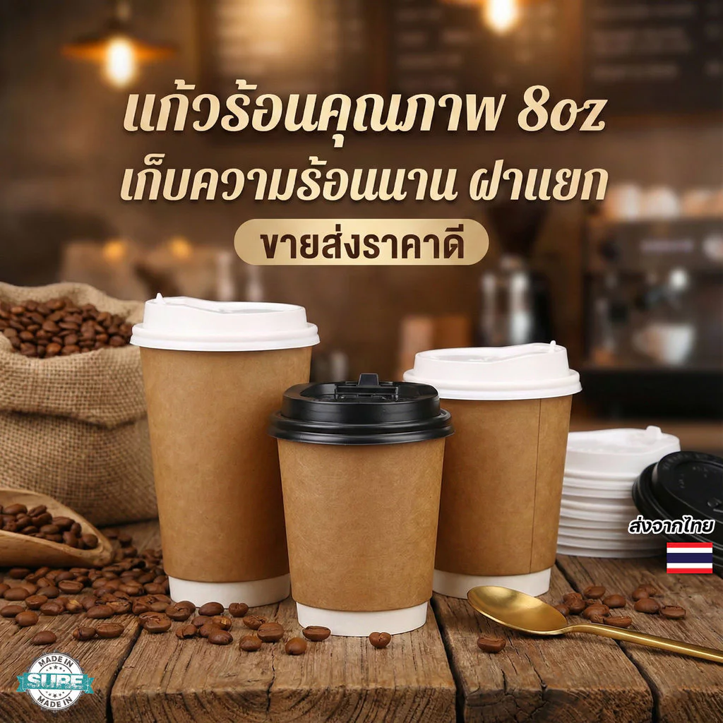 แก้วกระดาษใส่กาแฟร้อน 8–16 ออนซ์ สองชั้น ชุดละ 25 ใบ เหมาะขายเดลิเวอรี่ ไม่ลวกมือ