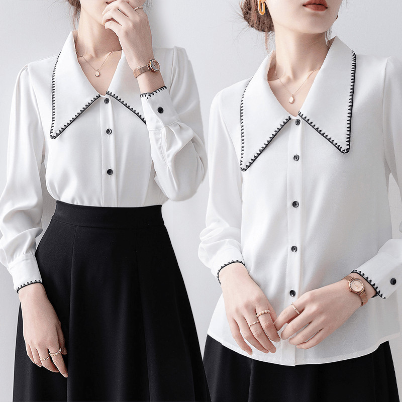 99311 เสื้อเชิ้ตแขนยาวผ้าชีฟองคอปีเตอร์แพนลูกไม้สีตัดกันใหม่สำหรับผู้หญิง สไตล์ฝรั่งเศสเก๋ไก๋ เหมาะสำหรับใส่ทำงานในช่วงต