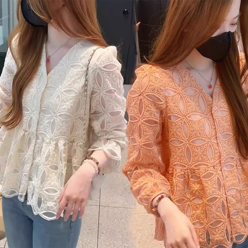 99309 เสื้อเชิ้ตแขนยาวคอวีปักลายลูกไม้สไตล์ฝรั่งเศสสุดเก๋จาก akifoon.store ออกแบบมาเพื่อปกปิดหน้าท้องและเน้นสัดส่วน ทำให - รูปที่ 2