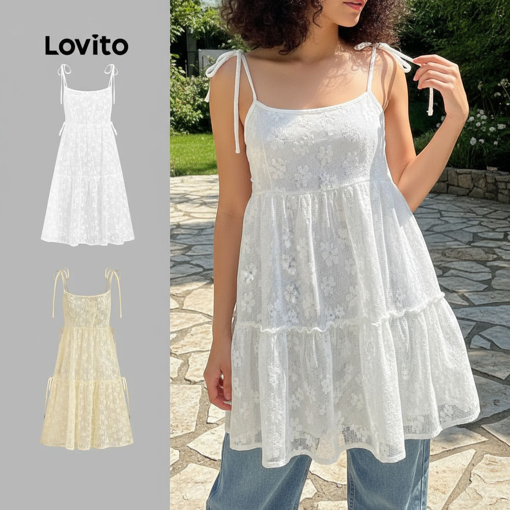 Lovito วันหยุด เดรสผู้หญิงสีขาวผูกเชือกสไตล์ลําลองเรียบง่ายสําหรับฤดูใบไม้ผลิฤดูร้อน เกาหลี อินเทรนด์ L136AD076