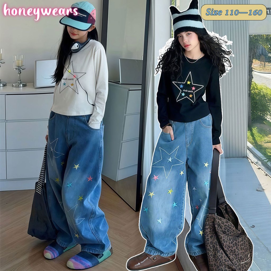 honeywears⚡พร้อมส่ง⚡ชุดเซ็ต 2 ชิ้นแฟชั่นเด็กผู้หญิง ชุดเสื้อยืดแขนยาวกางเกงขายาว สไตล์เกาหลี ลำลอง ไซส์ 110-160