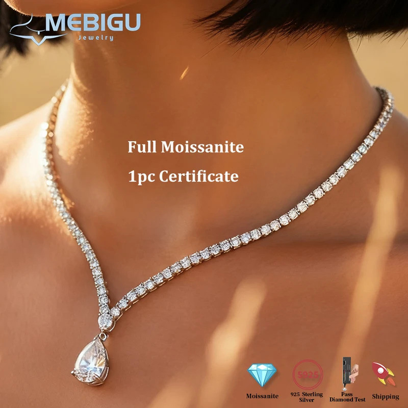 Mebigu 6-10CT Big Pear Cut Full 3EX Moissanite เทนนิสคอผู้หญิง Lady s925 Silver Lab เพชรเจ้าสาวสร้อย