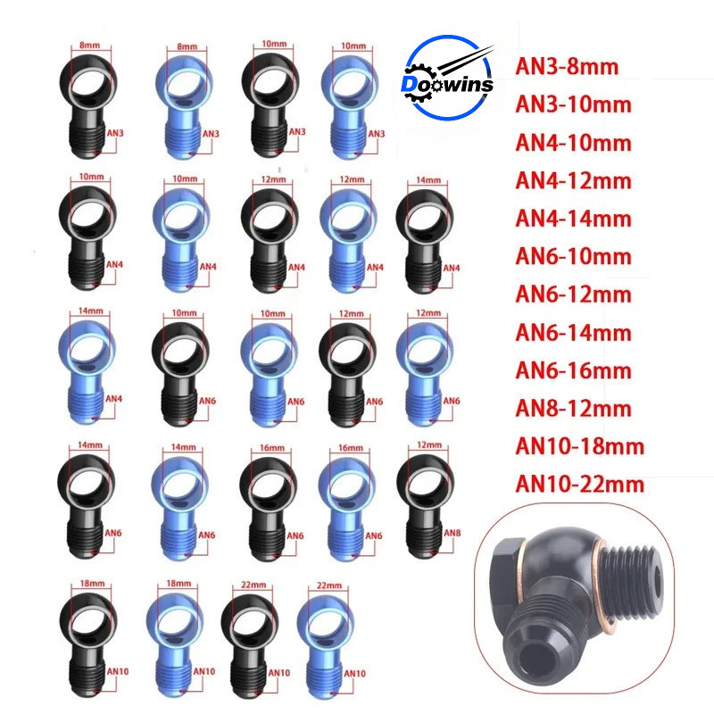 อลูมิเนียม An Banjo Adaptor Bolt AN3 AN4 AN6 AN8 AN10 ถึง 12 มม. 14 มม. 16 มม.เบรค Fitting สีฟ้าสีดํา