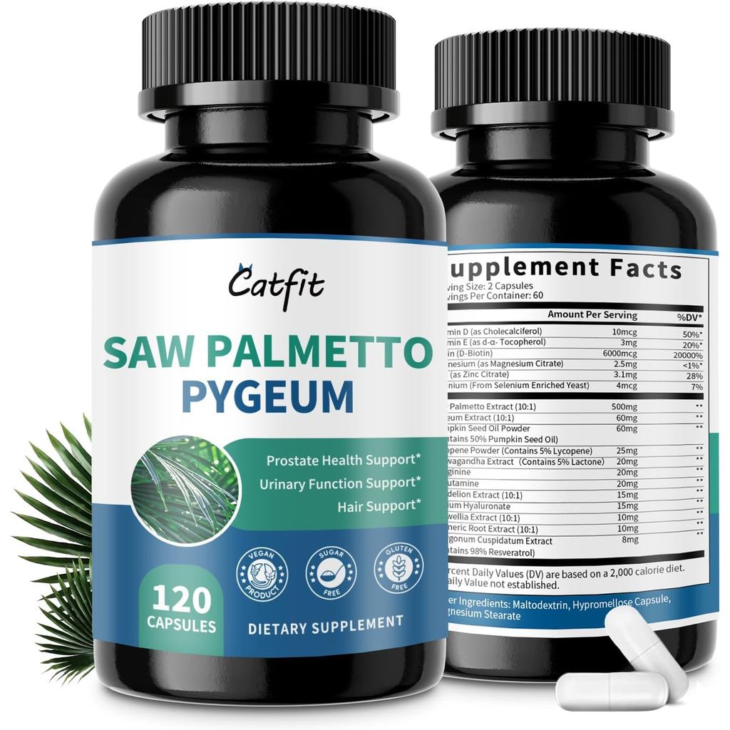 Catfit Saw Palmetto for Men – Prostate Health & Urinary Support & DHT Blocker, Hair Health with Biot