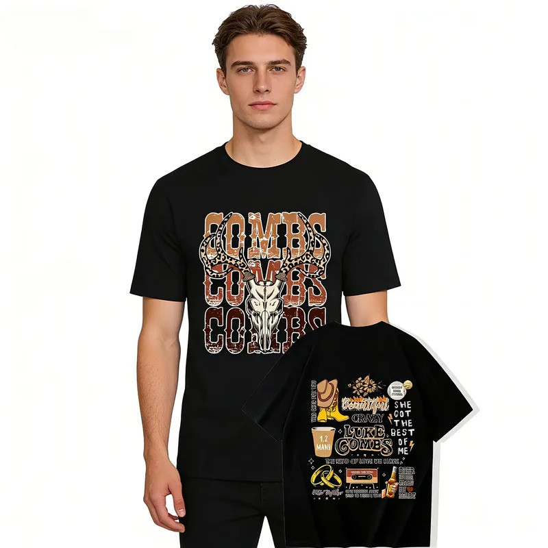 เสื้อยืดคอกลมของแท้จาก Western Luke Combs คอลเลกชันเพลงคันทรีสำหรับผู้ชายและผู้หญิง ฤดูใบไม้ผลิ 2026