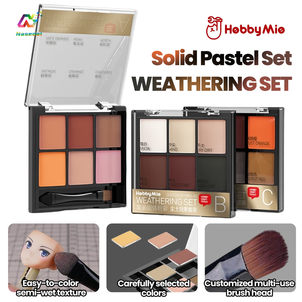 HOBBY MIO HWS-01/02/03 ชุดสี Weathering Pastel 6 สี พร้อมแปรง Applicator สําหรับทําชุดเครื่องมือกันดั้ม/Mecha Girl รุ่น Aging, ผิว, ฝุ่น, Chepping, สนิม
