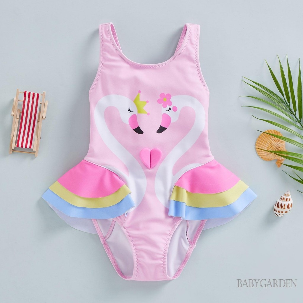 【ส่งจากไทย】 ชุดว่ายน้ำเด็กหญิงอายุ 1-6 ปี แขนกุดคอกลม ลายหงส์ summer beach bodysuit