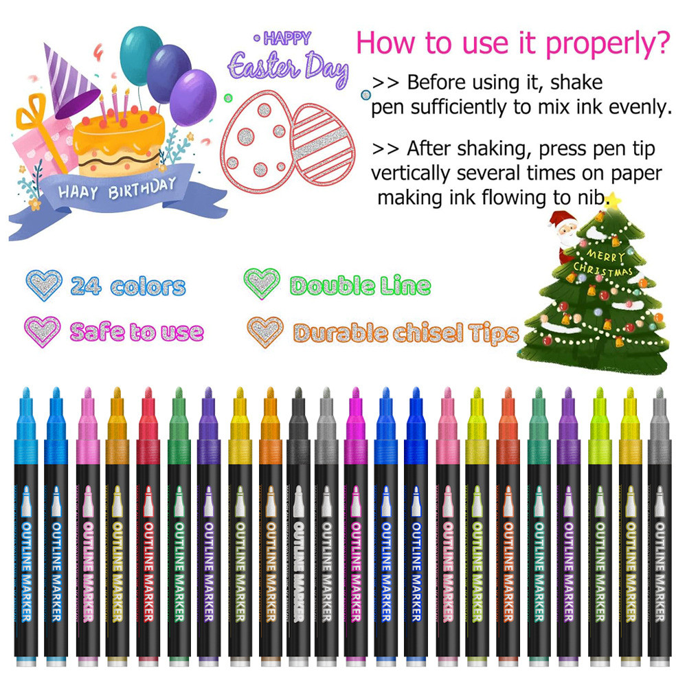 Cross-border e-TEMU ปากกาคอนทัวร์ 48 สีชุดฐานปากกา DIY 创意马g ปากกาเรืองแสง Cross-border TEMU Double L