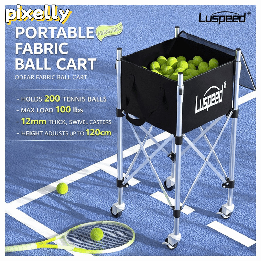PIXELLY รถเข็นเก็บลูกเทนนิสหลายลูก สแตนเลส Luspeed ปรับระดับและพกพาสะดวก พร้อมตะกร้าเก็บลูกเทนนิส