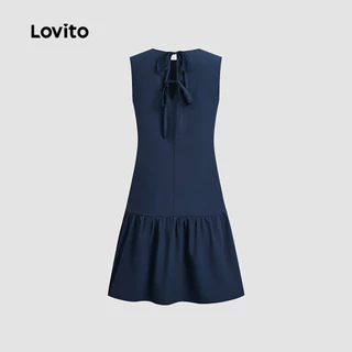 Lovito เดรสแคชชวลสำหรับใส่ทำงาน ดีไซน์คลาสสิกและใช้งานได้หลากหลาย สีน้ำเงินเข้ม ผูกโบว์ด้านหลัง เหมาะสำหรับฤดูใบไม้ผลิ/ฤดูร้อน สำหรับผู้หญิง L154ED239