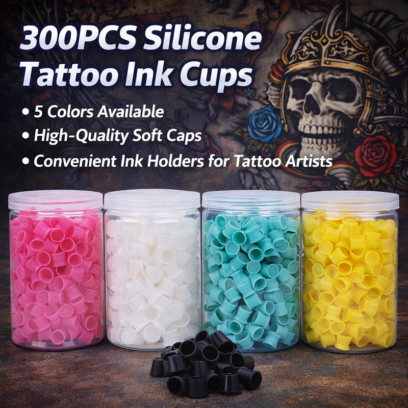 ถ้วยหมึกสักซิลิโคนคุณภาพสูง 300 ชิ้น – ตัวเลือก 5 สี, ฝาปิดหมึกนุ่มและใช้งานได้จริงสําหรับศิลปินสัก