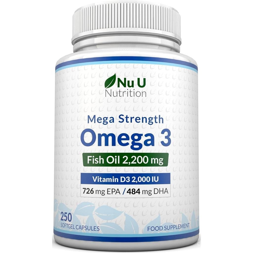 Nu U Nutrition - Omega 3 2200mg & Vitamin D3 2000IU - 250 Softgel Capsules - 726mg EPA & 484mg DHA ต