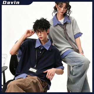 Korean Fake Two-Piece Plaid Polo Short-Sleeved Shirt for Men and Women Retro College Style Loose Casual and Versatile T-Shirt Men's Clothing