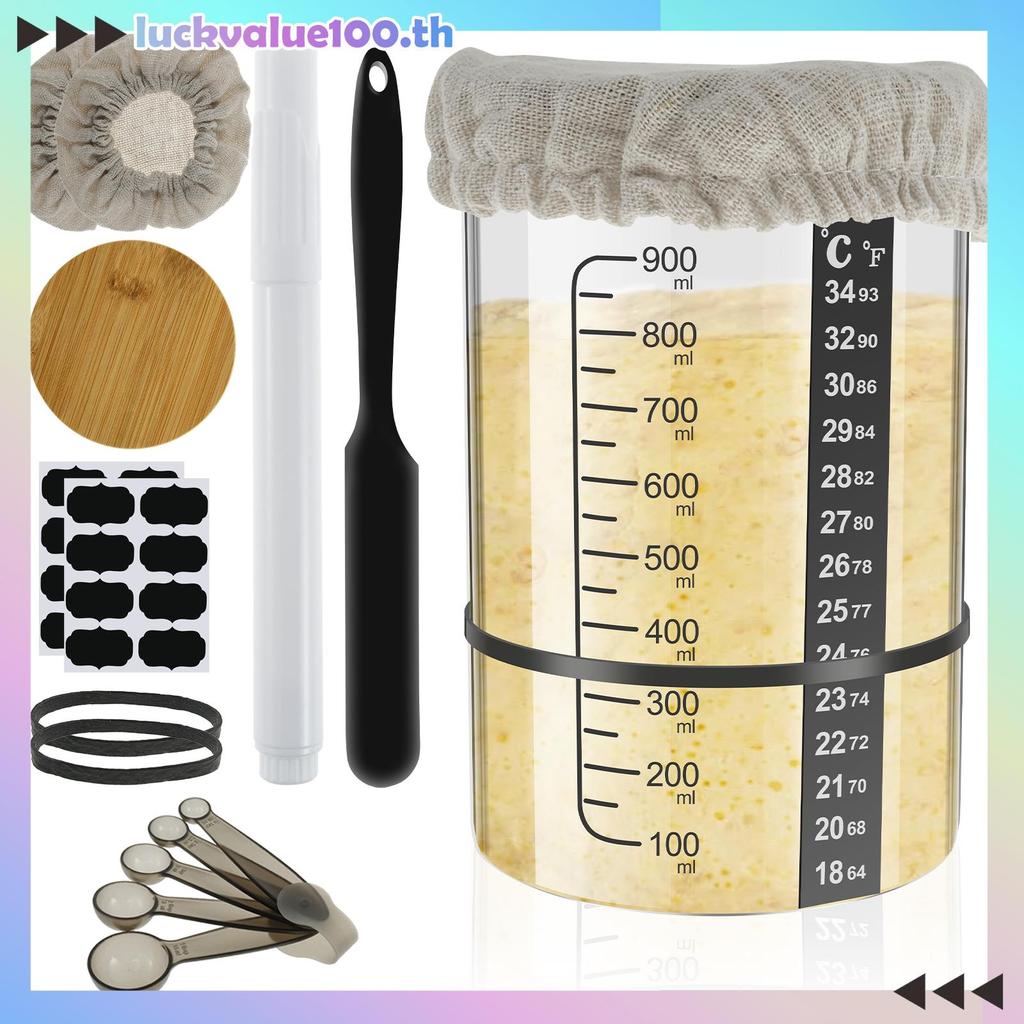 Sourdough Starter Jar Kit 900ml Sourdough Starter คอนเทนเนอร์ปากกว้างแก้ว Sourdough ขวดหมักสําหรับอบ