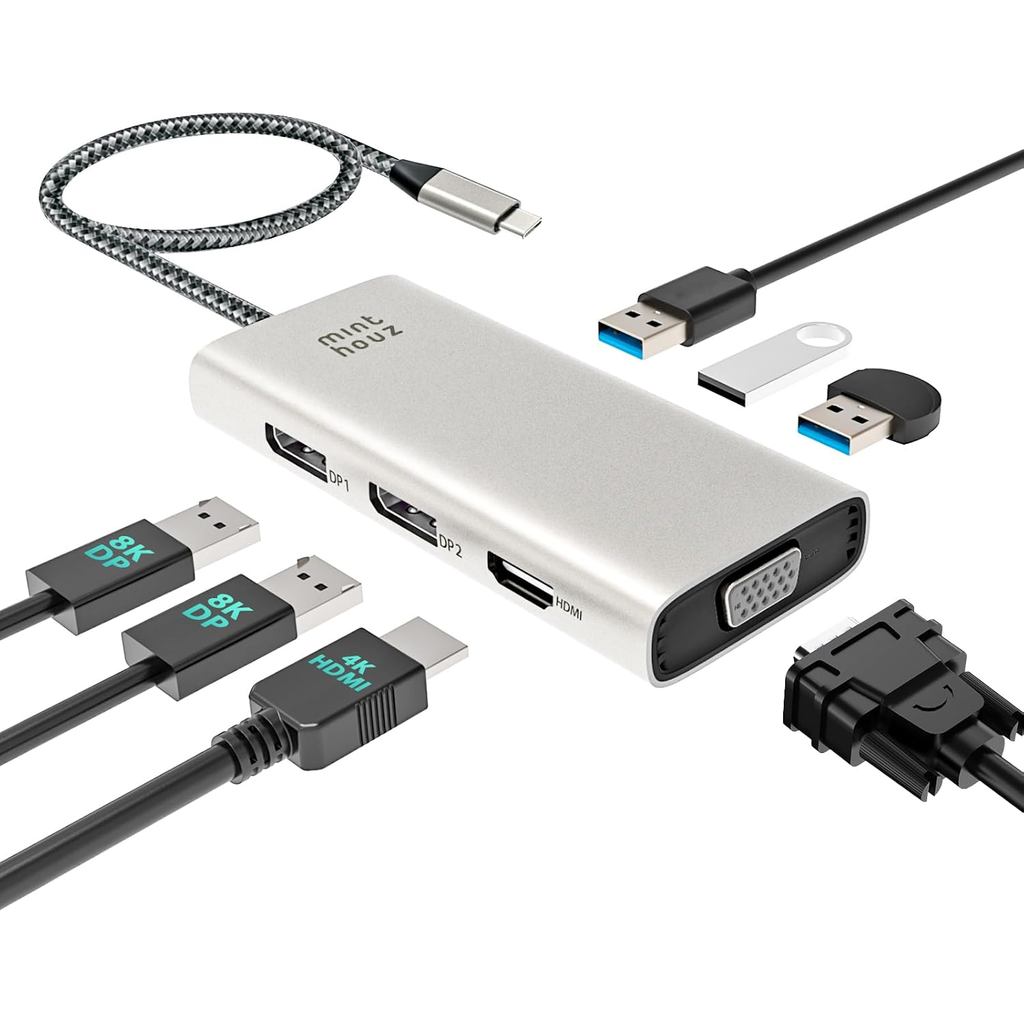 Minthouz USB-C Docking Station 7-in-1 Quad Display แล็ปท็อป Multiport Adapter, 4K HDMI, Dual 8K DP, 