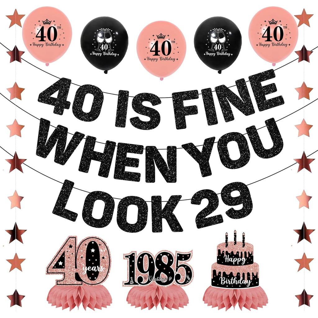 Roetyce 40th ตกแต่งวันเกิดผู้หญิง, Rose Gold 40 ดีเมื่อคุณดู 29 แบนเนอร์บอลลูนรังผึ้ง Centerpieces ช