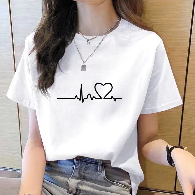 เสื้อยืดแขนสั้น คอกลม ทรงหลวม สีขาว แฟชั่นฤดูร้อน สไตล์เกาหลี สําหรับผู้หญิง