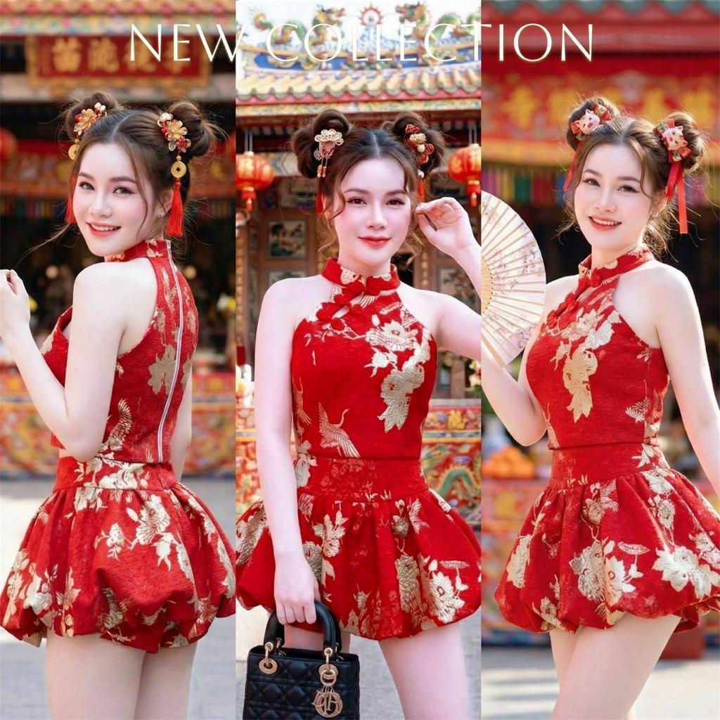 PD.shop (พร้อมส่ง) Porntida22 Set เสื้อคอจีน+ กระโปรงทรงบอลลูน PD.