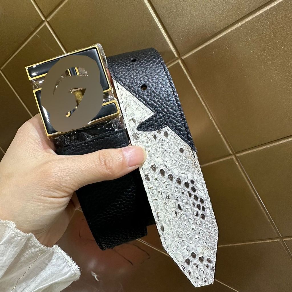 3Z1E FEN121 Men's Belt with Python Leather Patchwork F Double-Sided Top Layer Cowhide4.0
