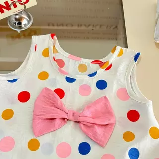 Dolemi Baby ชุดเซต สีชมพู สีม่วง เสื้อแขนกุด กางเกงขาสั้น ลายจุด โบว์ น่ารัก สำหรับเด็กหญิง