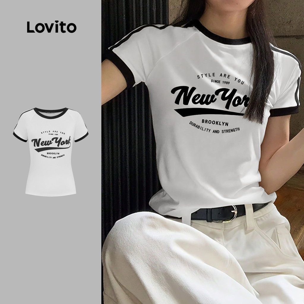 Lovito เสื้อยืดแคชชวลสีตัดกันสำหรับฤดูใบไม้ผลิและฤดูร้อน สีขาวครีม สำหรับผู้หญิง L164ED366