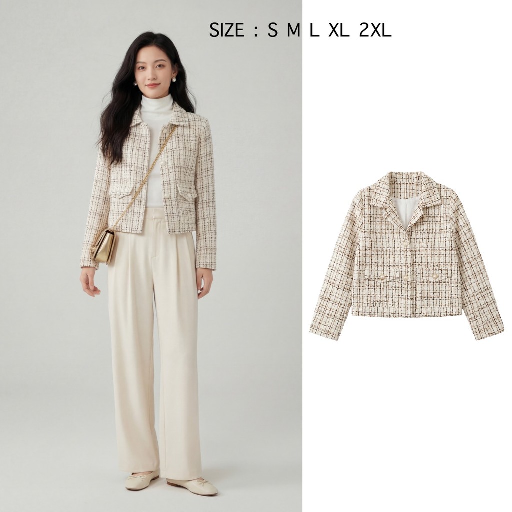 เสื้อทวิตแขนยาว เสื้อคลุมเกาหลี Tweed Jacket มีไซส์ S-5XL แต่งกระเป๋าหน้า สีครีมน้ำตาล เรียบหรูดูดี สไตล์เกาหลี