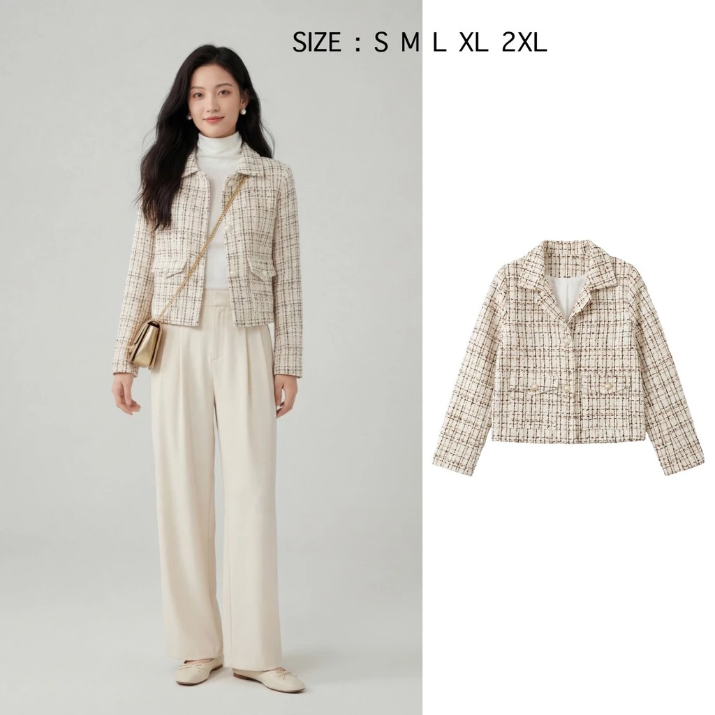 เสื้อทวิตแขนยาว เสื้อคลุมเกาหลี Tweed Jacket มีไซส์ S-5XL แต่งกระเป๋าหน้า สีครีมน้ำตาล เรียบหรูดูดี สไตล์เกาหลี