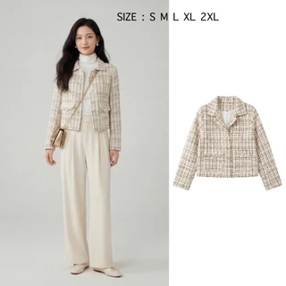 เสื้อทวิตแขนยาว เสื้อคลุมเกาหลี Tweed Jacket มีไซส์ S-5XL แต่งกระเป๋าหน้า สีครีมน้ำตาล เรียบหรูดูดี สไตล์เกาหลี