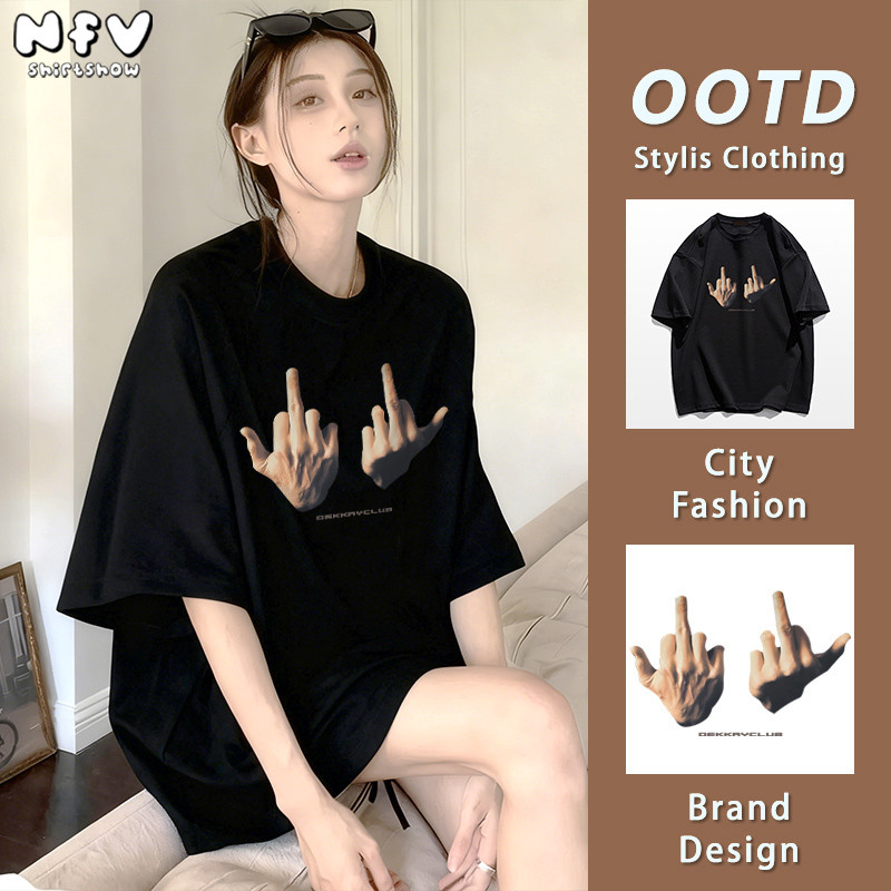 NFV สไตล์เกาหลี✨เสื้อยืด oversize ลวดลายแฟชั่น ใส่สบาย ระบายอากาศ ฤดูร้อน ผ้าฝ้ายแท้ YG1165
