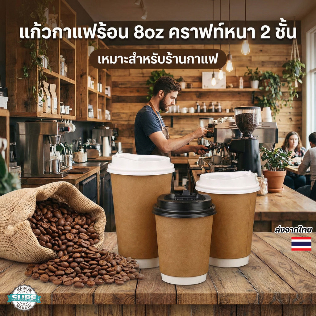 แก้วกาแฟร้อน 2 ชั้น ขนาด 8–16 ออนซ์ ชุด 25 ใบ สำหรับร้านกาแฟ เครื่องดื่มร้อน เดลิเวอรี่