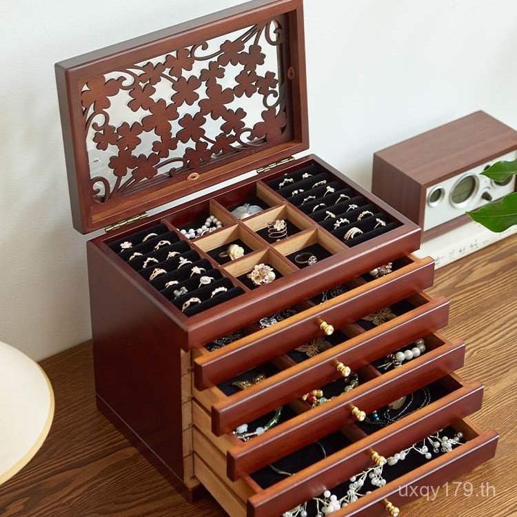 ลิ้นชักความจุขนาดใหญ่หลายชั้นไม้เนื้อแข็งป้องกันการออกซิเดชั่นการจัดเก็บกล่องเครื่องประดับสร้อยคอต่า
