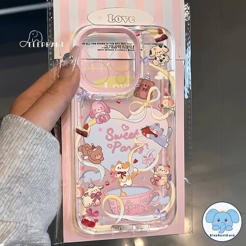 สำหรับIPhone 15 17 16 13 11 Air 12 14 Pro Max X XR XS Max 7 16 8 Plus SE น่ารัก ปกเชอร์รี่โบว์ ลูกหมา ลูกแมว กระต่าย หมี