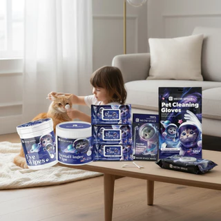 MEOW SPACE อุปกรณ์ของใช้ สำลีก้านเช็ดหู แผ่นเช็ดตา ถุงมืออาบน้ำ ที่เช็ดฟัน อุปกรณ์ทำความสะอาดสัตว์เลี้ยง