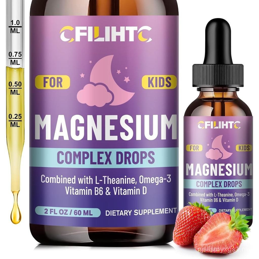 Kids Magnesium Liquid Drops-Magnesium Glycinate Liquid for Kids อาหารเสริม-w/L-theanine, Omega-3, วิ