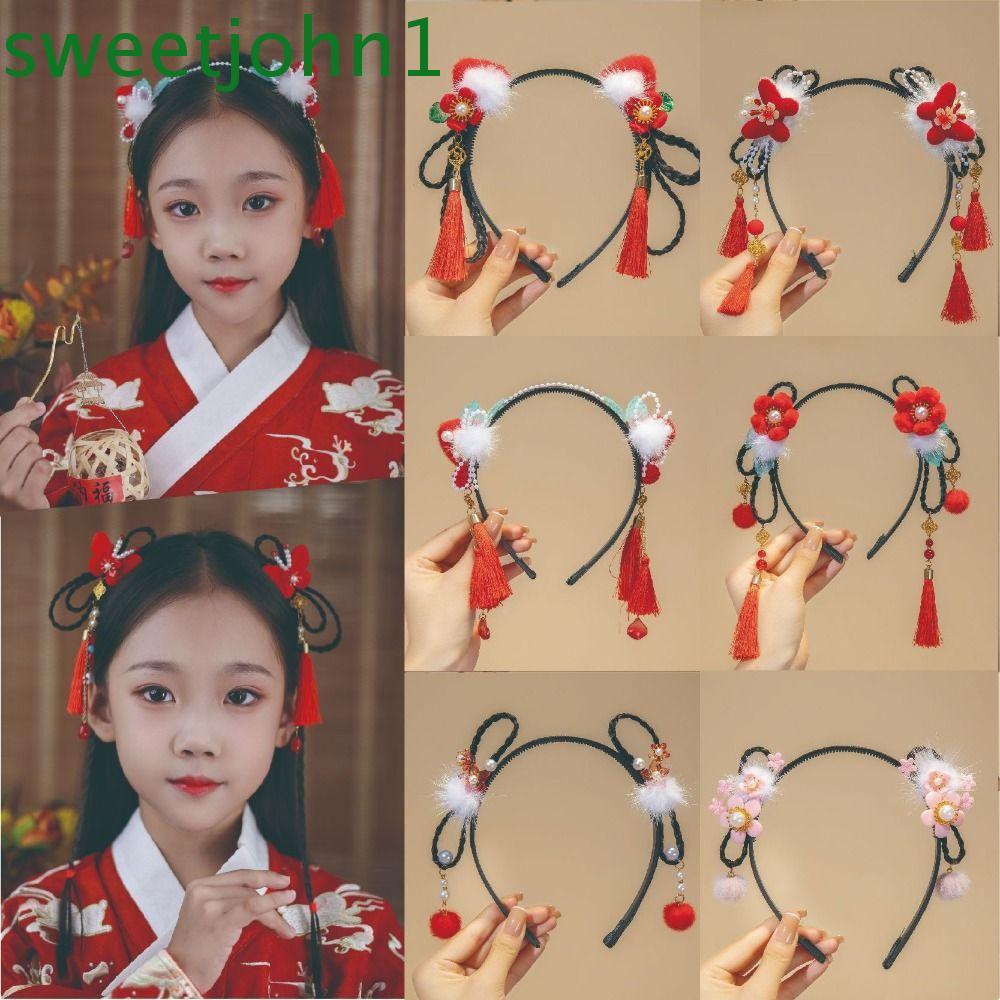 ที่คาดผมพู่ดอกไม้ สีแดง สำหรับเด็ก แบบย้อนยุคและน่ารัก พร้อมมุกโบราณ เหมาะสำหรับเทศกาลปีใหม่