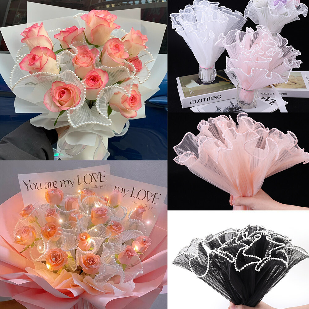 COZII การห่อดอกไม้ผ้าตาข่ายประดับมุกเป็นลอนกุหลาบกระดาษห่อด้วยตาข่ายช่อดอกไม้การห่อดอกไม้ลายดอกไม้เค้กผ้าโปร่งรอบทิศทาง