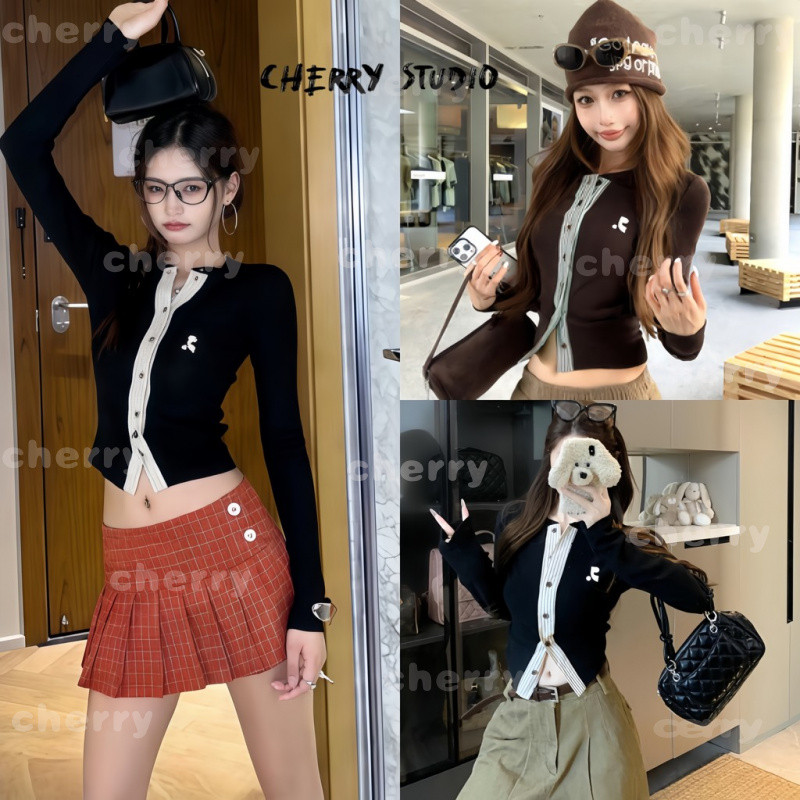 Cherry✨พร้อมส่ง🏮เสื้อยืดแขนยาวคอวี ผู้หญิงสไตล์เกาหลี ติดกระดุมสุดชิค พร้อมลายทางเสื้อคาร์ดิแกนทรงเข้ารูป เอาใจสาวๆ