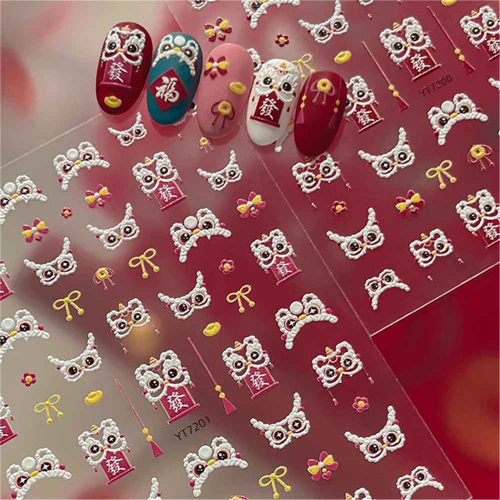 5D นูนเล็บสติกเกอร์บรรเทา Lion Dance สติกเกอร์เล็บปีใหม่สีแดง Bowknot เล็บตกแต่ง DlY Decals - รูปที่ 2
