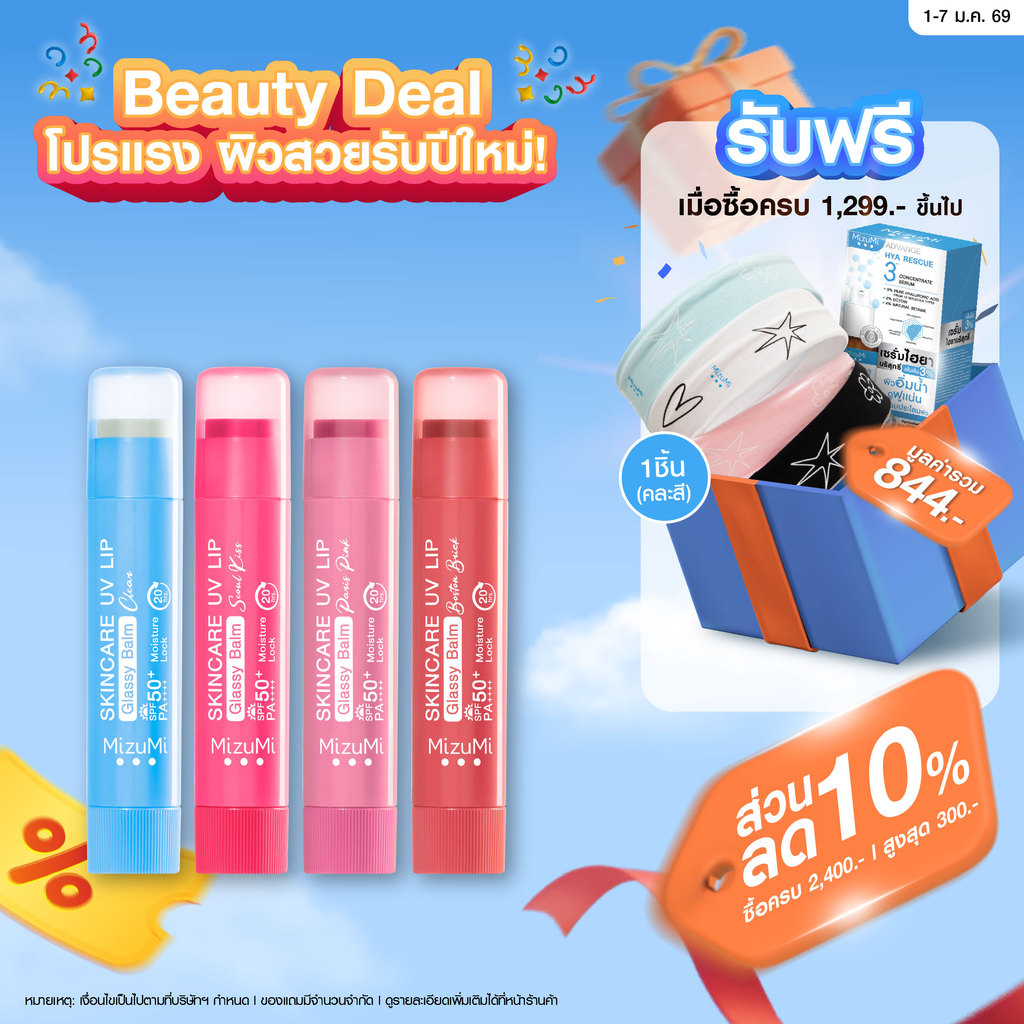 MizuMi Skincare UV Lip Glassy Balm 3.5g ลิปบาล์มกันแดด SPF50+ PA++++ ลดปากคล้ำ ปากดูอมชมพู ชุ่มชื้นย