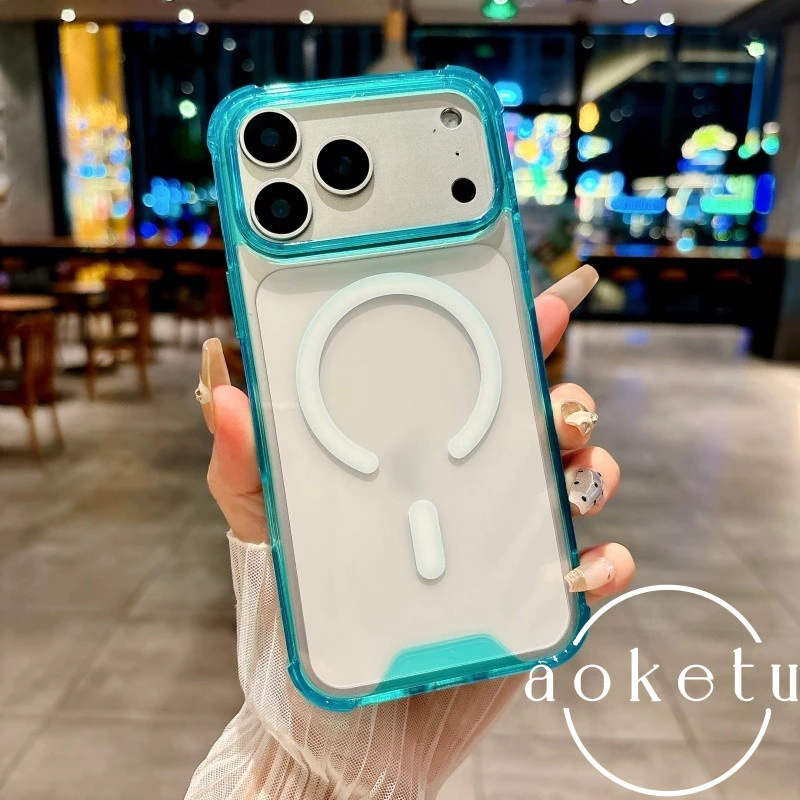 ถุงลมนิรภัยสี่มุมเหมาะสําหรับ ไอโฟน 17 โปรแม็กซ์ เคสโทรศัพท์ 16 โปรแม็กซ์ อะคริลิคใสแม่เหล็กดูด 15/14/13/12/11 ขอบสีเรียบง่ายป้องกันการตกฝา