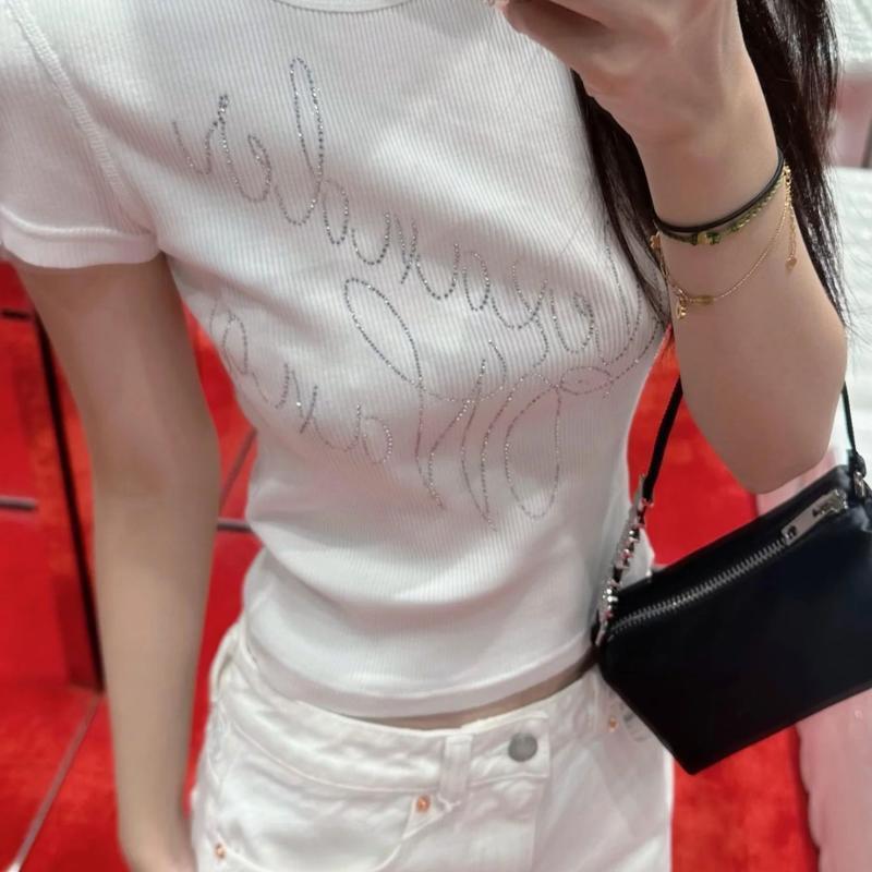 เสื้อยืด Rhinestone สไตล์อเมริกัน คอกลม แขนสั้น ดีไซน์ตัวอักษร สำหรับผู้หญิง หน้าร้อน มาใหม่ ทรงสลิมฟิต ไหล่ปกติ สลิมมิ่