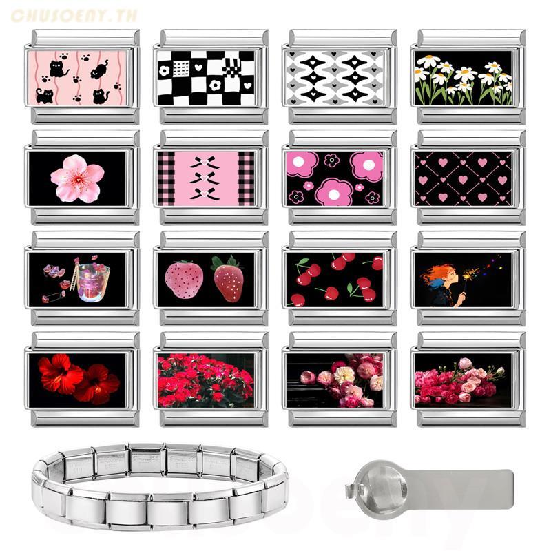 (สไตล์ภาพถ่าย) สีดําเย็นสีชมพูอิตาลีสร้อยข้อมือเสน่ห์พอดี9มิลลิเมตรสร้อยข้อมือสแตนเลส ทําเอง เครื่องประดับทําอุปกรณ์บุคลิกภาพโมดูลสร้อยข้อมือเครื่องประดั